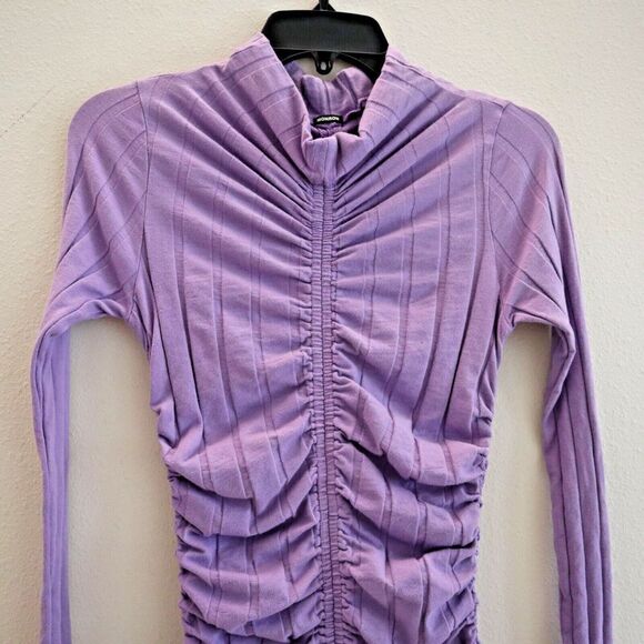 Monrow Women's Sz Small Purple Flat Rib Mock Neck L/S Shirred Mini Dress - Picture 5 of 10
